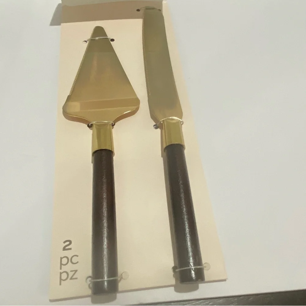David Tutera Gold Cake Knife & Server Set Wood Handles Wedding Movie Prop NEW